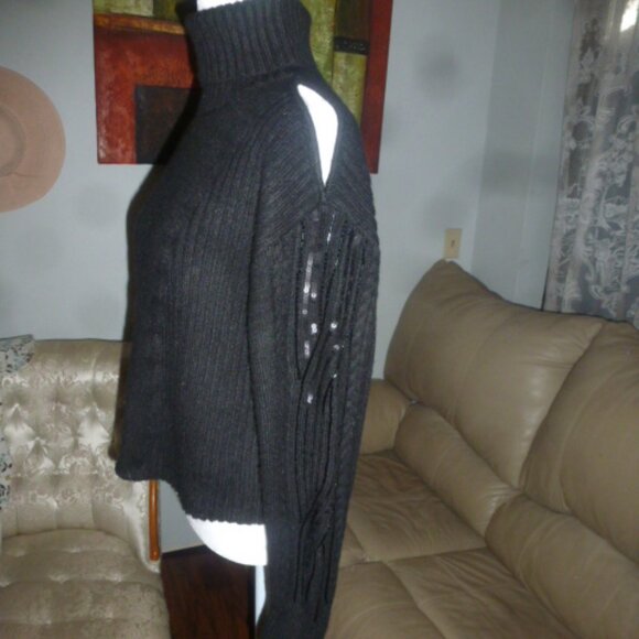 Thick & Cozy Cold-Shoulder  – Black w/Embellished Sleeve Sweater Size M - Picture 2 of 9